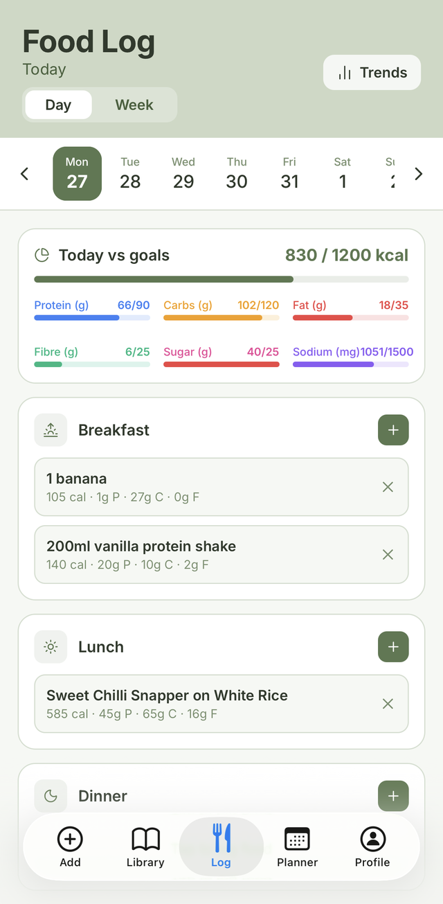 MacroChef food log tracking macros against goals
